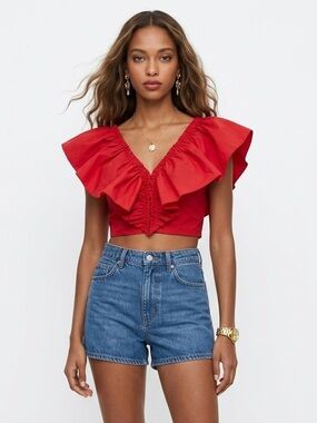 Iorane Red Ruffled Crop Top and White Shorts Set